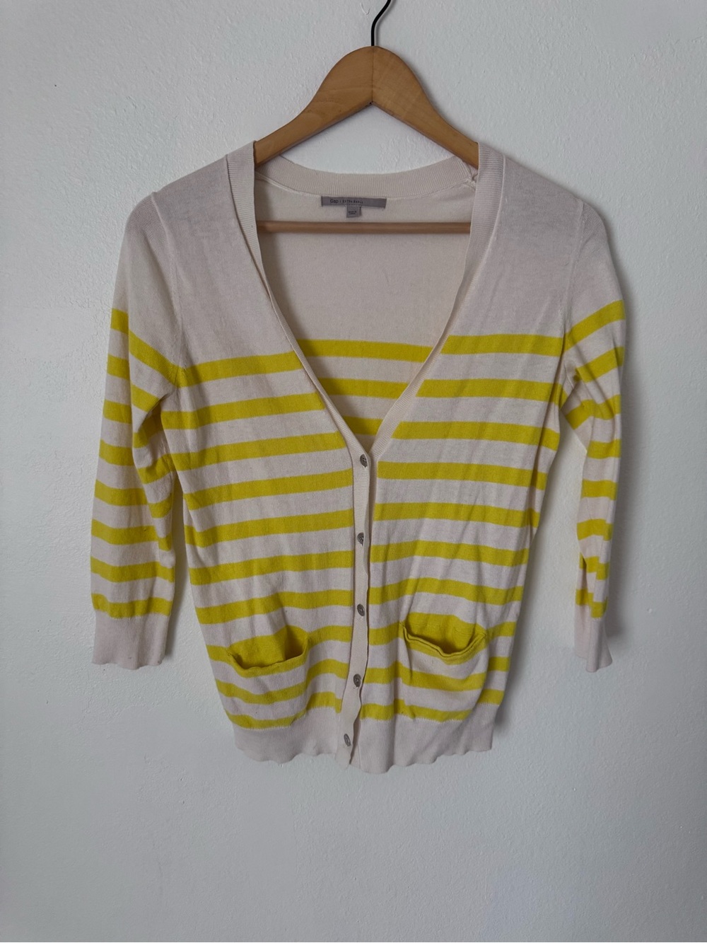 Gap Striped V-Neck Cardigan Sweater in Cream and Yellow silk cotton